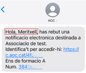 Text SMS enviat a persona jurídica i a persona de contacte