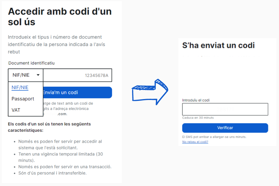 Écran où indiquer le document d'identification et écran où indiquer le code reçu.png