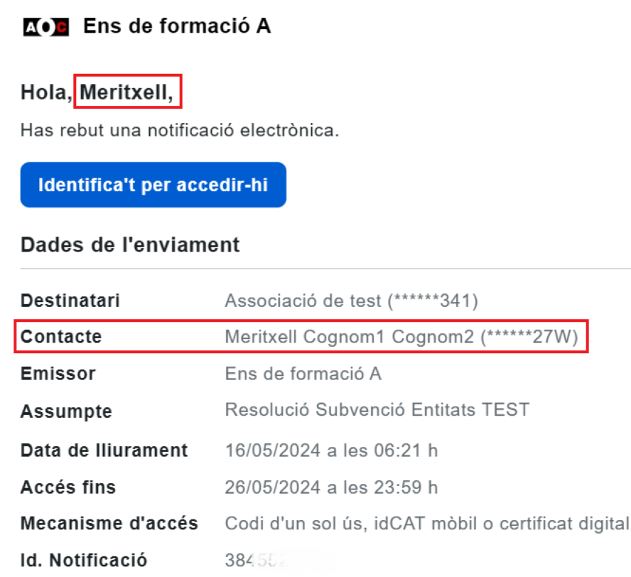 e-mail inviata alla persona giuridica e al referente